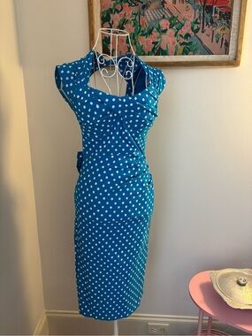 St. John Teal Blue Polka Dot Cap Sleeve Midi Dress